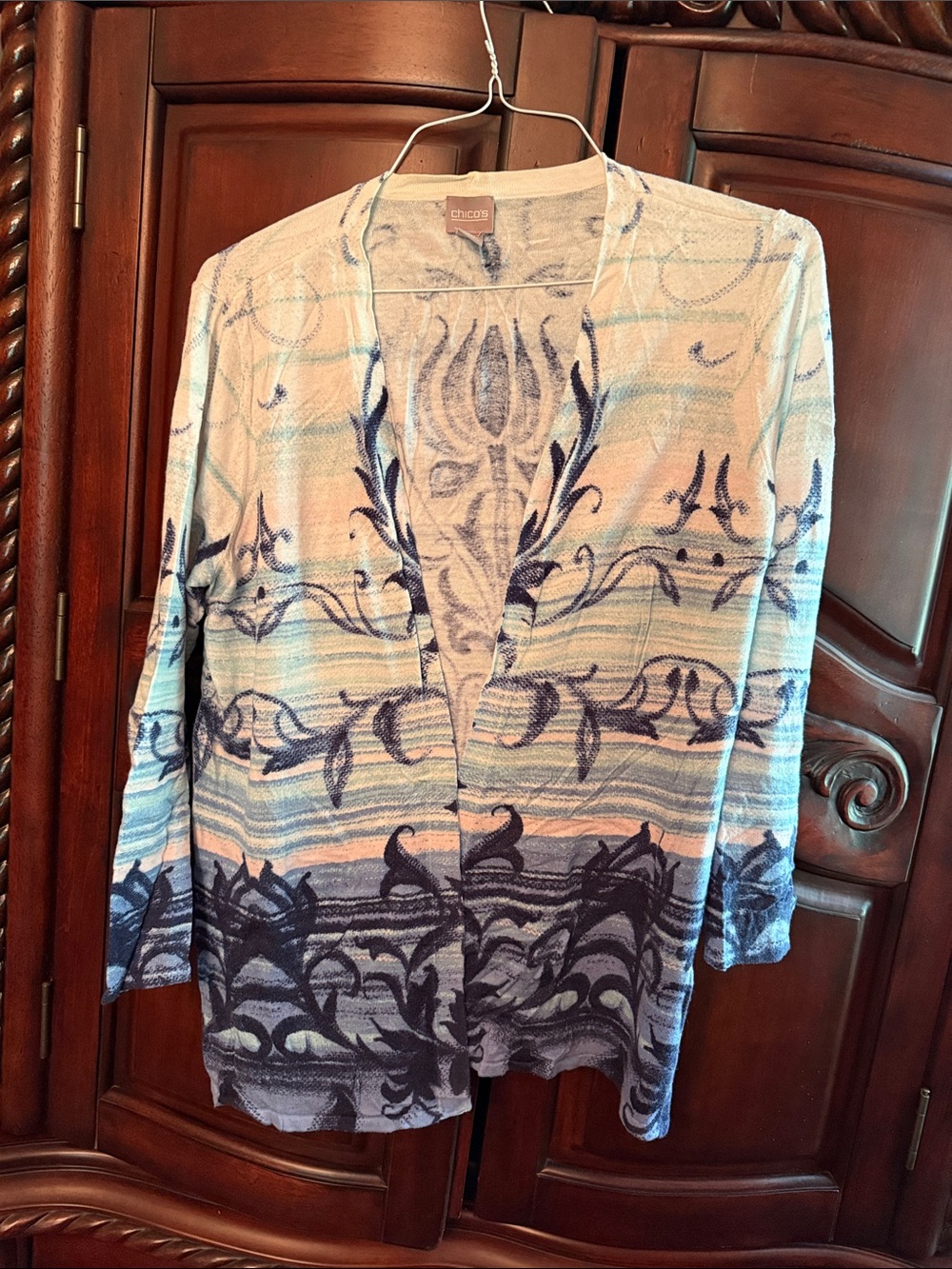 Chico's Open-Front Patterned Cardigan in Blue and Cream Tones